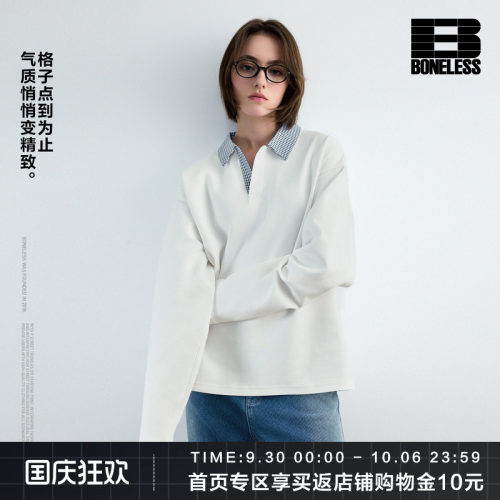 BONELESS拼接格子领长袖POLO卫衣宽松刺绣休闲cleanfit上衣