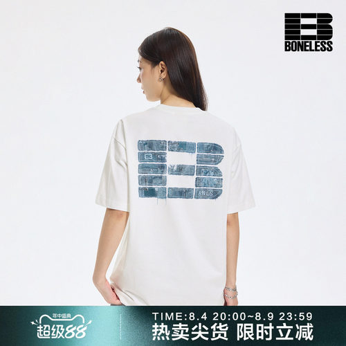 BONELESS仿牛仔贴布印花短袖T恤夏季凉感速干体恤设计感宽松半袖