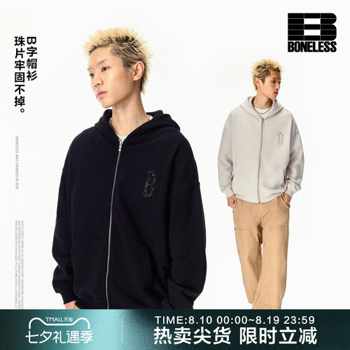 BONELESS中空珠片绣哥特B字母开衫卫衣纯棉宽松重磅基础情侣外套