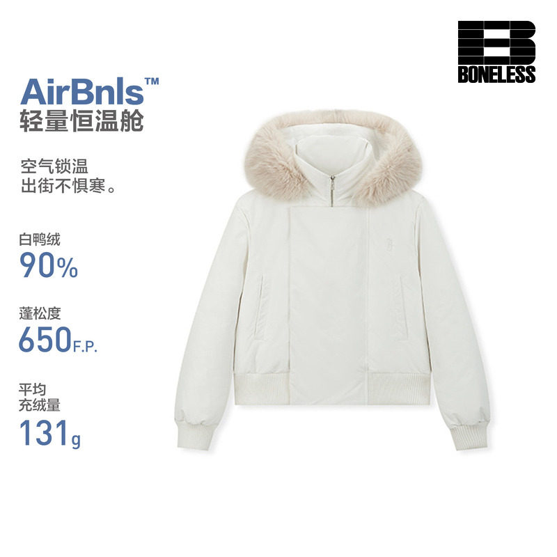 BONELESS可拆狐狸毛领连帽加厚短款面包羽绒服刺绣防寒保暖外套冬图片