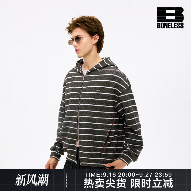 BONELESS腊肠狗绣花章仔毛织条纹卫衣外套慵懒随性时髦连帽开衫图片