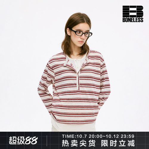 BONELESS天丝羊毛混纺假两件条纹亨利领长袖T恤条纹针织上衣女