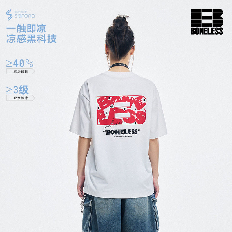 BONELESS趣味字母短袖T恤夏季新款情侣撞色宽松凉感速干体恤男女图片