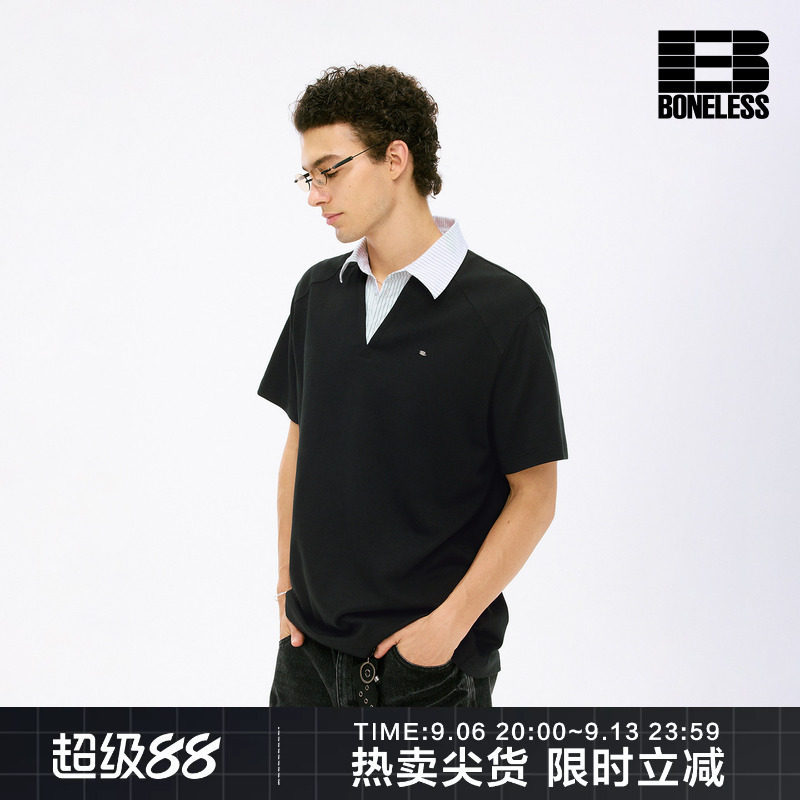 BONELESS手缝logo铁牌条纹假两件短袖宽松休闲复古百搭潮牌POLO衫图片