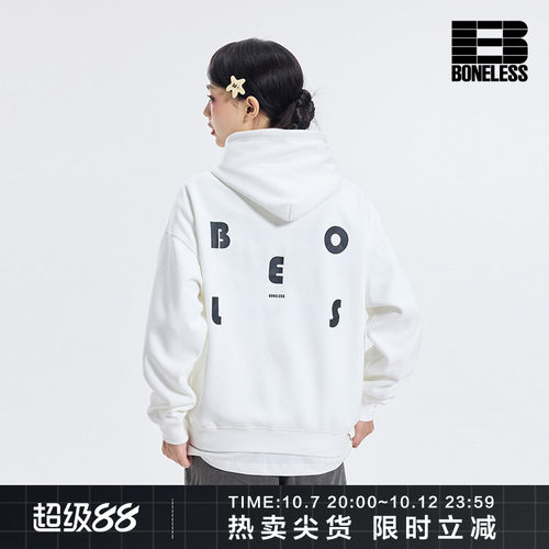 BONELESS日系简约字母厚板印花连帽卫衣秋季新款宽松重磅情侣帽衫