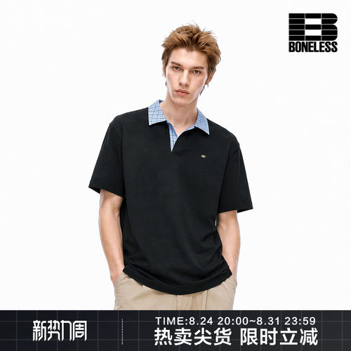 BONELESS格纹拼接短袖POLO衫前幅金属LOGO标复古街头潮牌休闲上衣