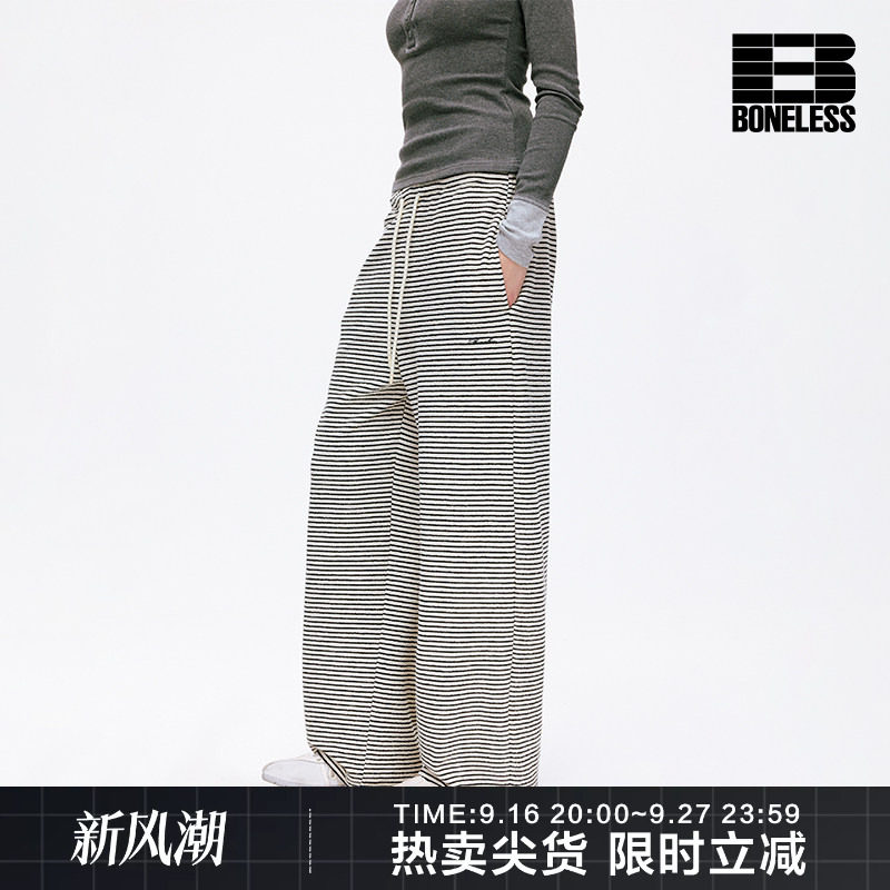 BONELESS刺绣肌理条纹休闲长裤宽松抽绳撞色弯刀百搭设计感裤子女图片