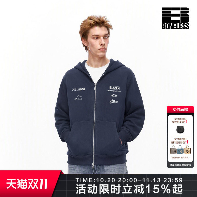 BONELESS吸湿排汗清爽透气排版LOGO斑驳印花卫衣外套宽松休闲上衣