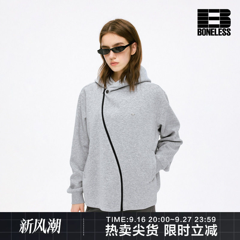 BONELESS金属LOGO斜拉链连帽卫衣防风开袋设计舒适休闲开衫外套										