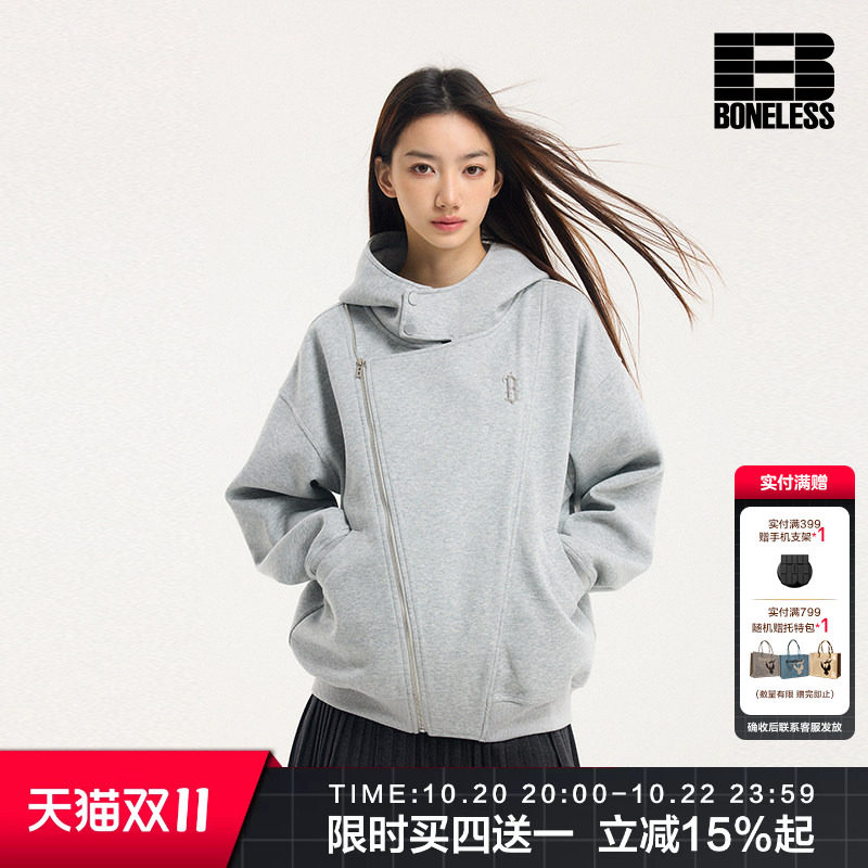 BONELESS秋季新款机车连帽拉链开衫卫衣铁标logo宽松潮牌