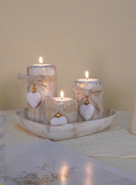 跨境新款仿古木制爱心烛台套装茶蜡托蜡烛台室内家居工艺品摆件