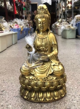 黄铜观音摆件 精工观世音菩萨铜像 柳枝观音家居佛堂供奉铜器