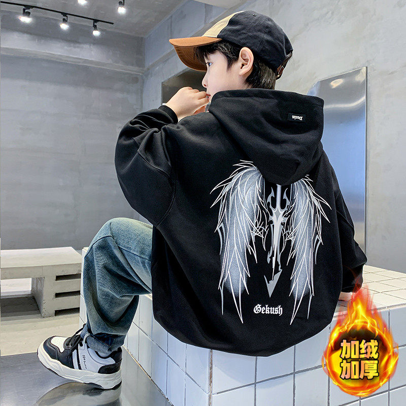 男童黑色连帽加绒卫衣冬季2024新款反光翅膀一体绒春秋打底衫儿童