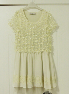 2025新款39度专柜正品浅黄色短袖圆领中腰纯色蕾丝雪纺淑女连衣裙