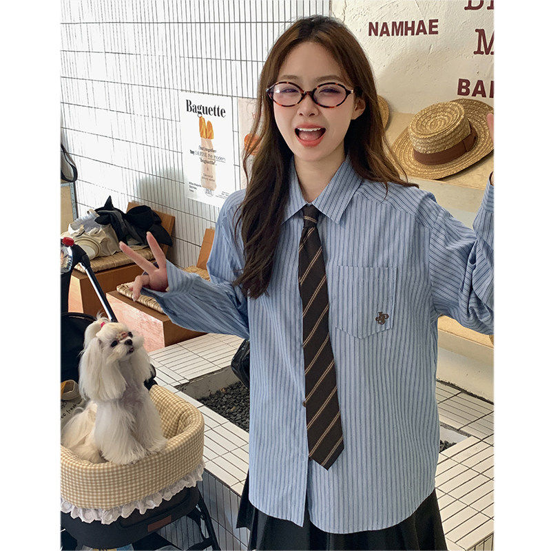 忠犬小八梨形自制蓝色条纹长袖衬衫女上衣外套小个子宽松内搭衬衣