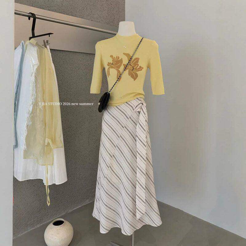 YIA新款伊嘉针织小衫上衣绑带中长款半身裙两件套夏天衣服女套装
