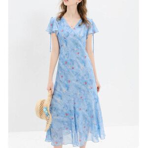 2026夏季新款蓝色荷叶边掐腰连衣裙长碎花雪纺女D412HM10ZL20
