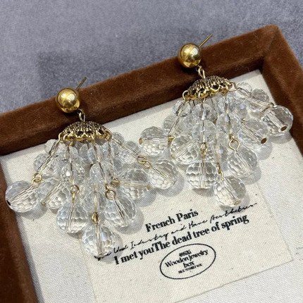 中古风Vintage白水晶风铃长耳环925银针轻奢高级感重工流苏耳钉
