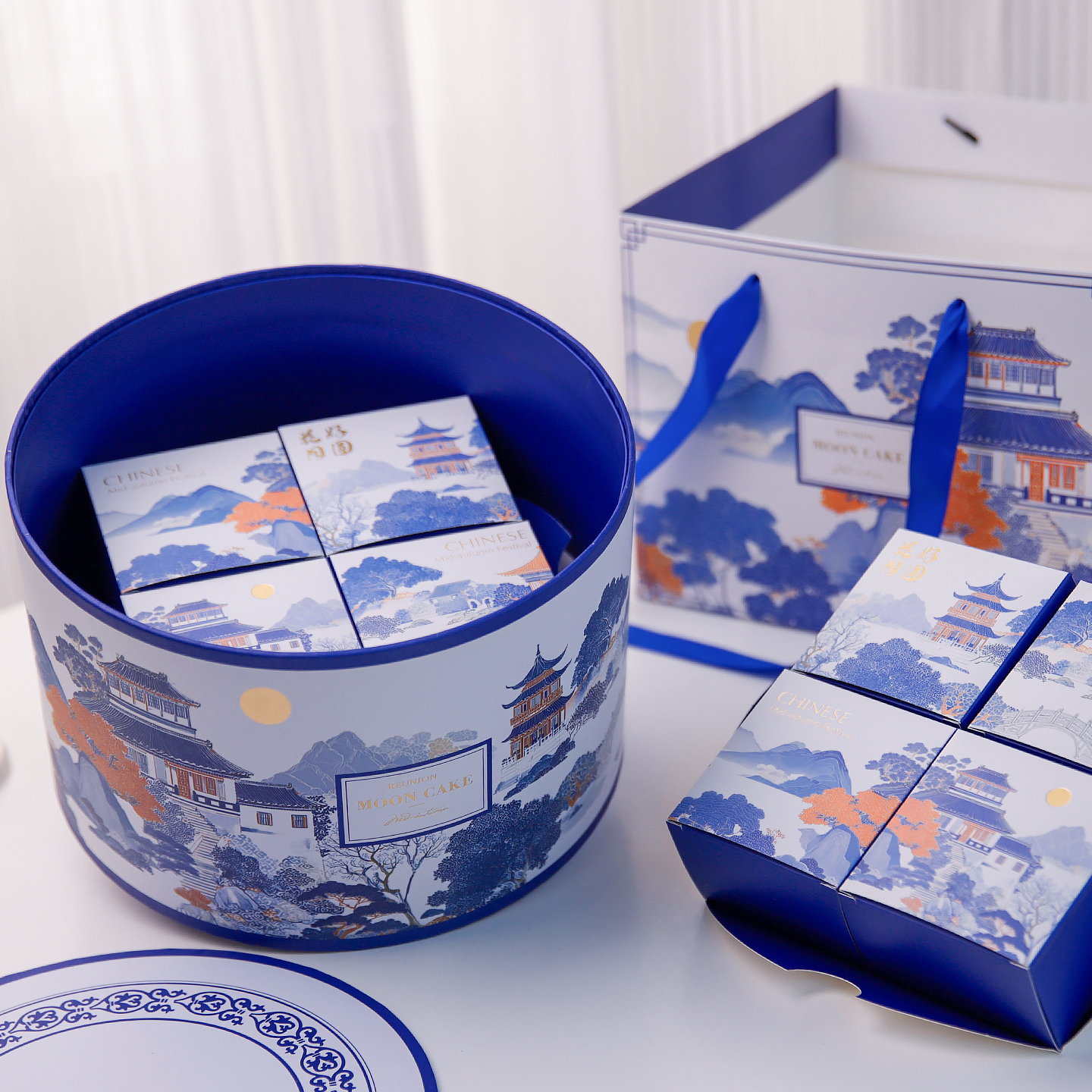 2025新款原创国风瓷韵圆桶月饼包装盒硬盒中秋节月饼包装盒空盒子