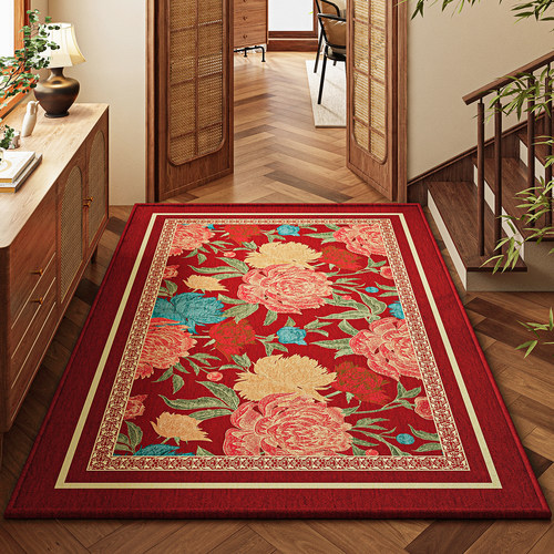 入户门地垫新中式高端古典富贵花朵玄关地毯家用耐脏门口进门垫子