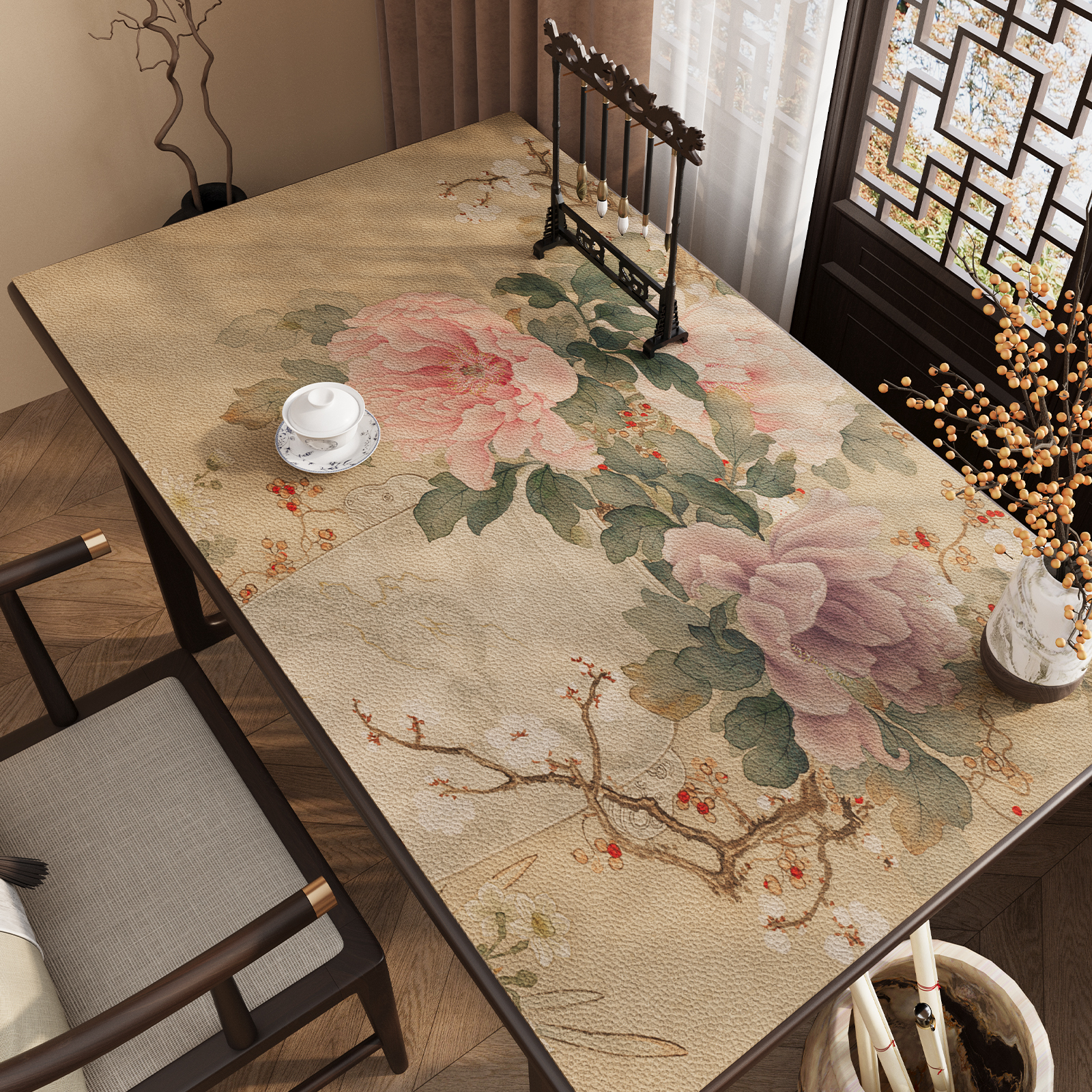 新中式国风餐桌垫防水防污免洗可擦桌布中式茶几防烫可定制桌垫子