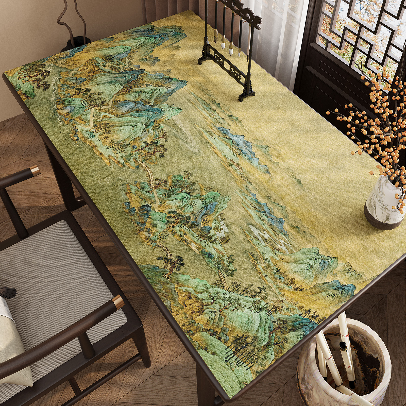 新中式国风餐桌垫防水防污免洗可擦桌布中式茶几防烫可定制桌垫子