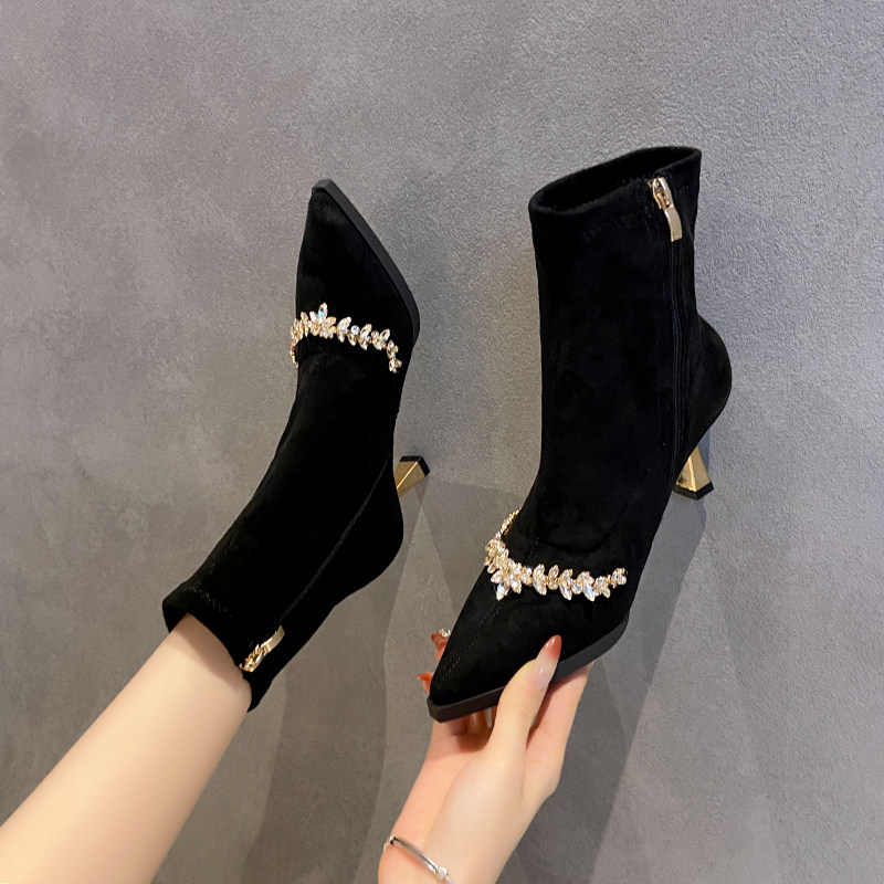 2025新款秋冬尖头细跟高跟鞋女黑色水钻袜靴弹力瘦瘦靴显瘦短靴子