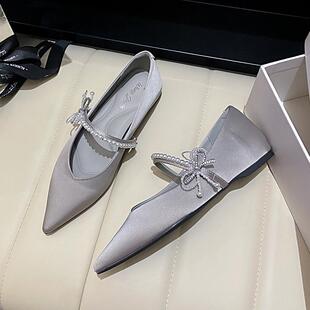 低跟法式细跟高跟鞋女尖头珍珠水钻主持宴会配礼服蝴蝶结软底单鞋