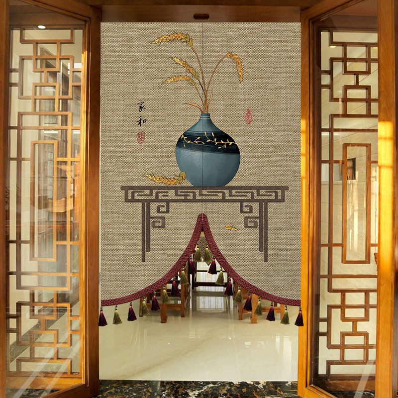 中式门帘店铺商用免n打孔卧室厨房挂帘隔断帘卫生间茶室布帘遮挡