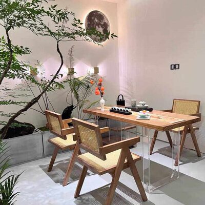 阳台茶桌大板胡桃木色简约日式店铺办公室接待泡茶桌椅大长桌茶台