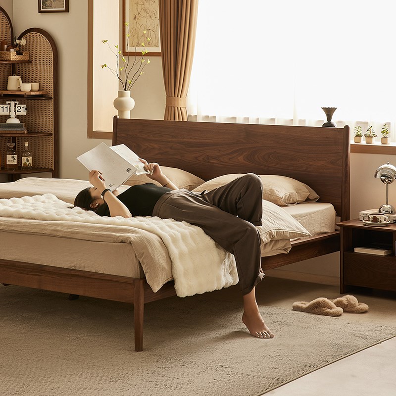 北美黑胡桃木f床1.5小户型日式复古主卧床1.8米实木双人床简约原