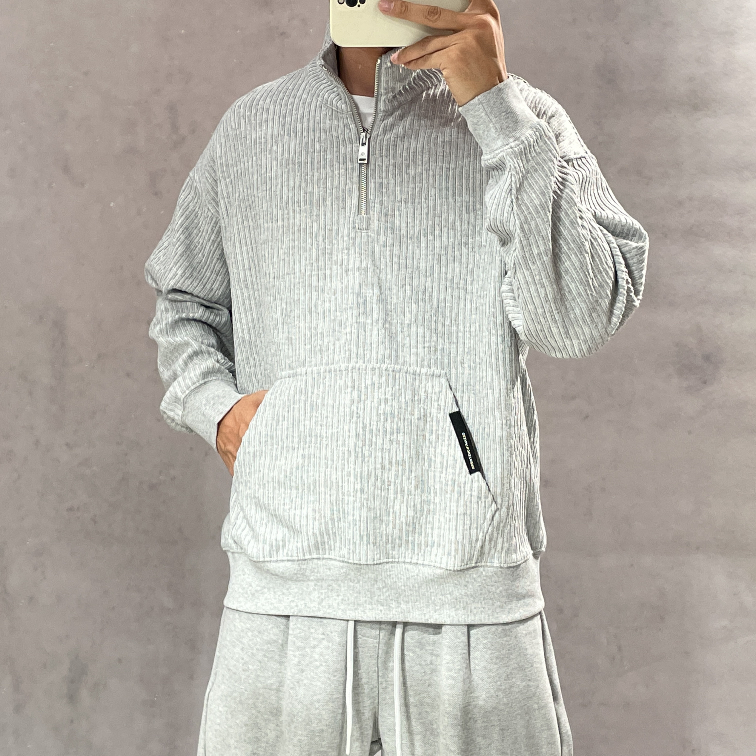 BY3秋季男复古肌理感半拉链立领套头卫衣美式宽松痞帅重磅外套潮