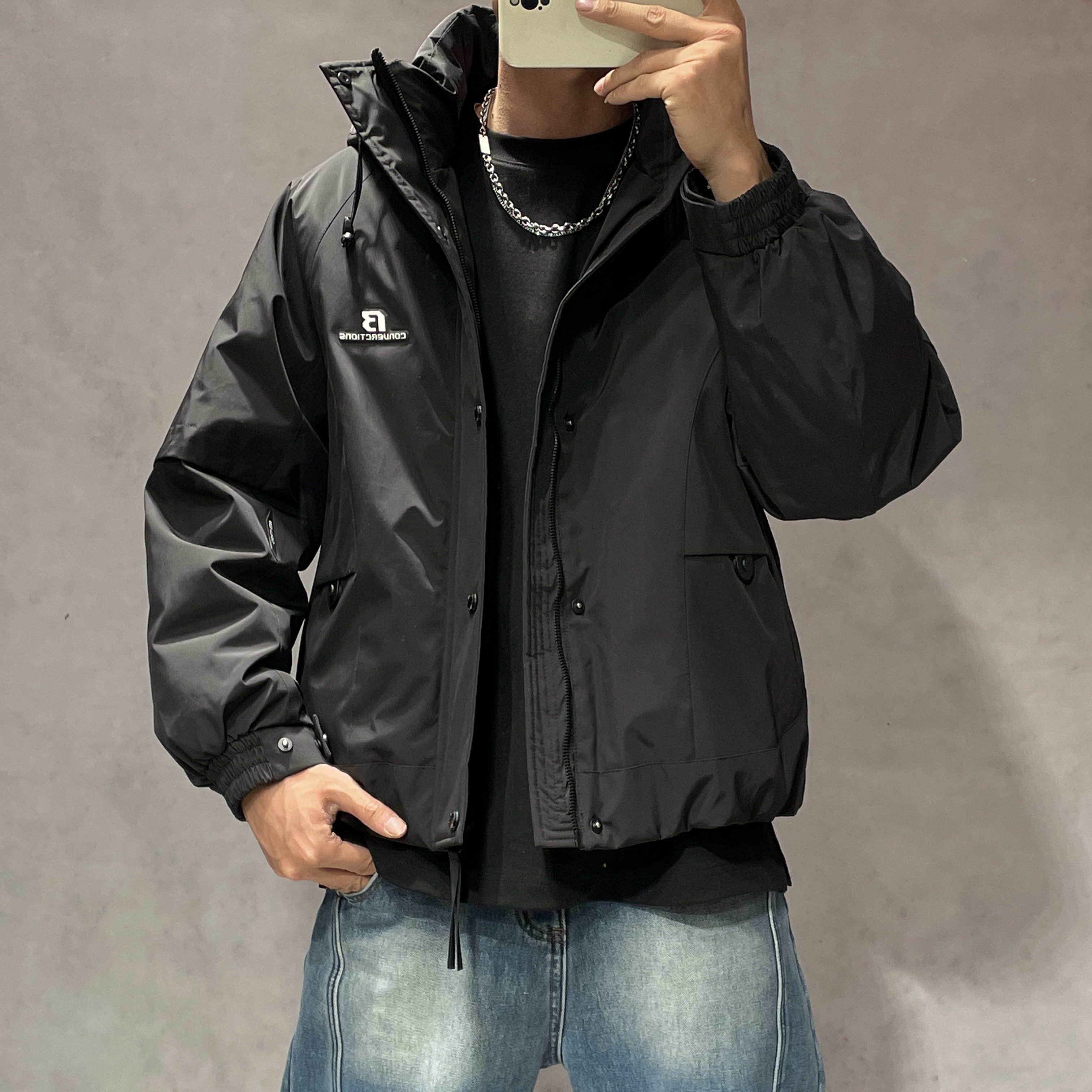 后背字母印花冲锋衣羽绒服男连帽2025冬季新款韩版潮流帅气羽绒衣