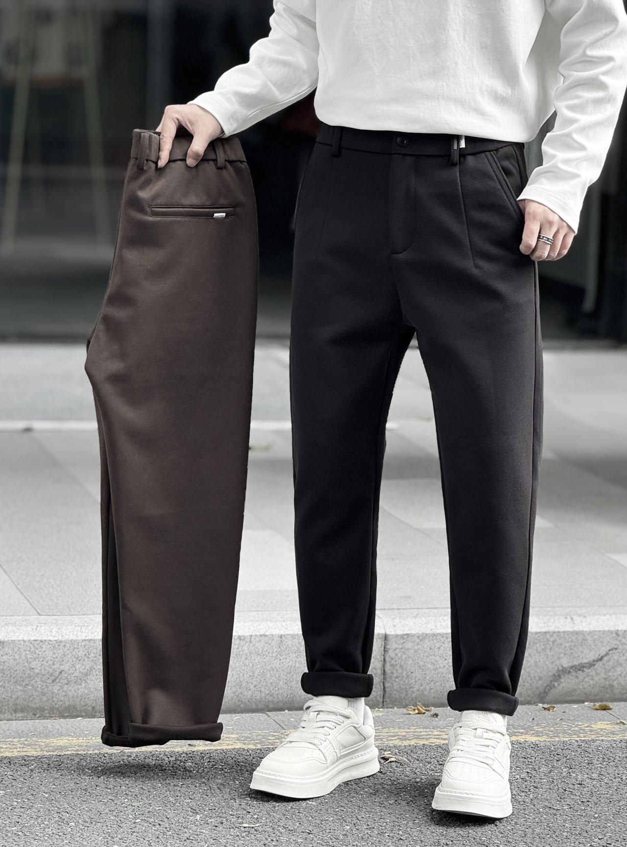 美式复古加厚磨毛休闲裤男秋冬修身显瘦通勤痞帅百搭锥形小脚裤潮