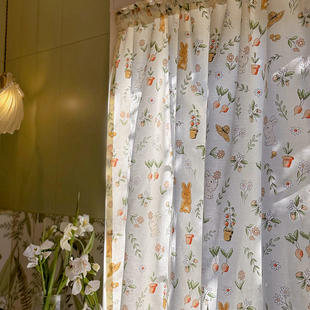 美式 田园风透光不透人棉质印花窗帘厨房小窗帘飘窗半帘阳台隔断帘