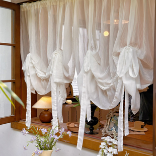 超仙!法式奶油风公主系压褶纱提拉帘门帘卧室小窗帘系带拱形门洞