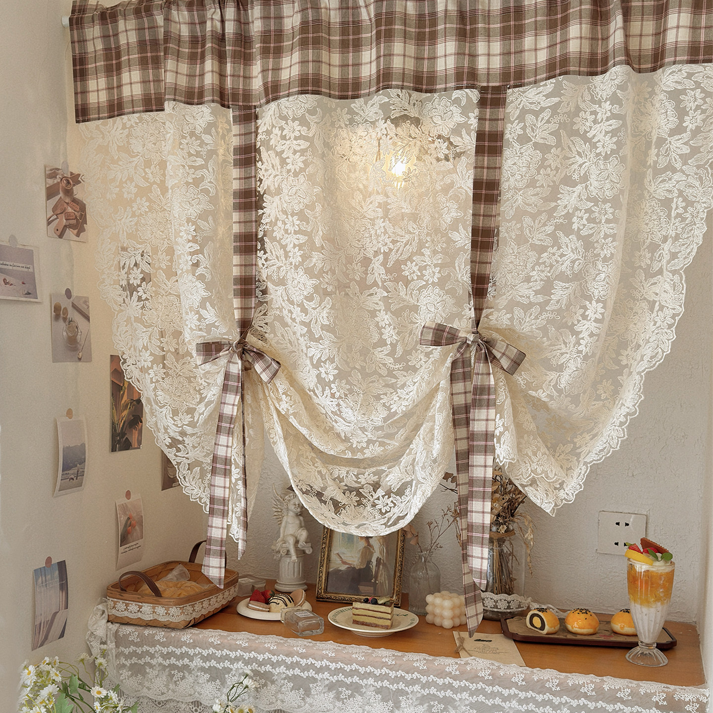 美式复古文艺风布拼纱波浪边蕾丝刺绣提拉帘米咖色系隔断帘小窗帘