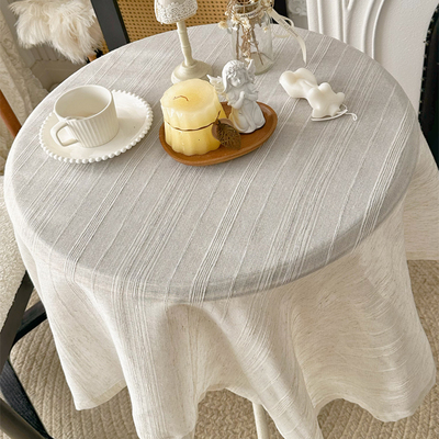 日式原木风亚麻条纹奶油纱桌布