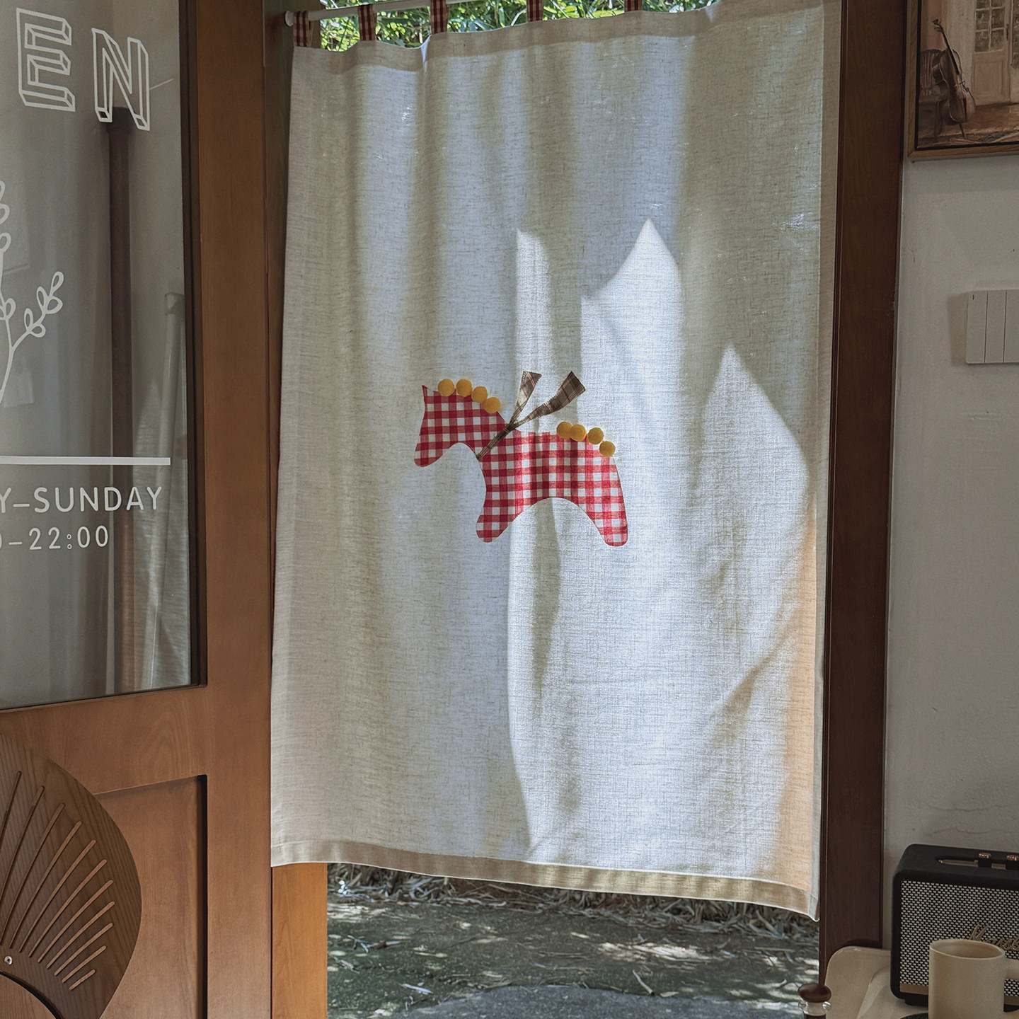 马上好运手工贴布毛绒球球门帘喜庆氛围感手作帘棉麻吊带半截半帘