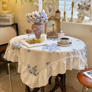 美式蓝紫色大花印花田园风桌布法式餐桌茶几布床头柜防尘盖布装饰
