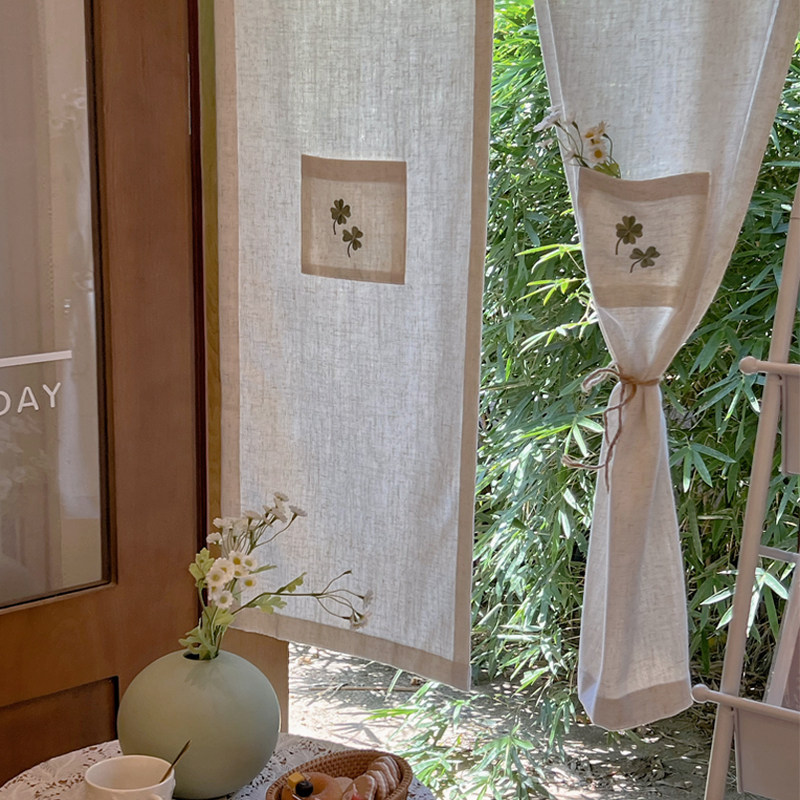 田园风贴布绣花分片式门帘棉麻亚麻米色隔断帘厨房小窗帘咖啡半帘