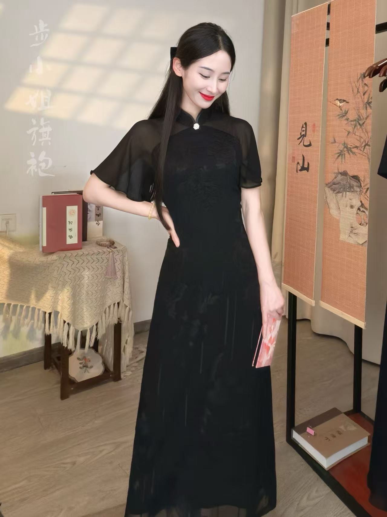 （步小姐-轩墨）A版日常夏季新中式黑色长款旗袍显瘦气质复古