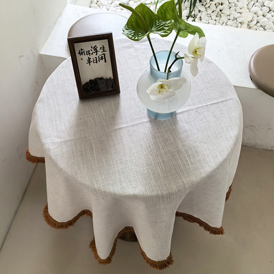 棉麻桌布白色法式复古圆桌布高级感茶几餐桌垫台布柜子亚麻盖巾
