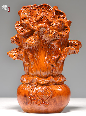 花梨木雕刻白菜摆件实木白菜元宝家居客厅装饰开业送礼红木工艺品