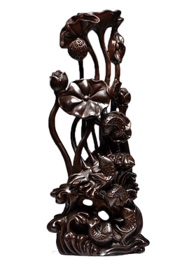 黑檀木雕年年有鱼根雕红木家居荷花客厅玄关摆件装饰送礼工艺品