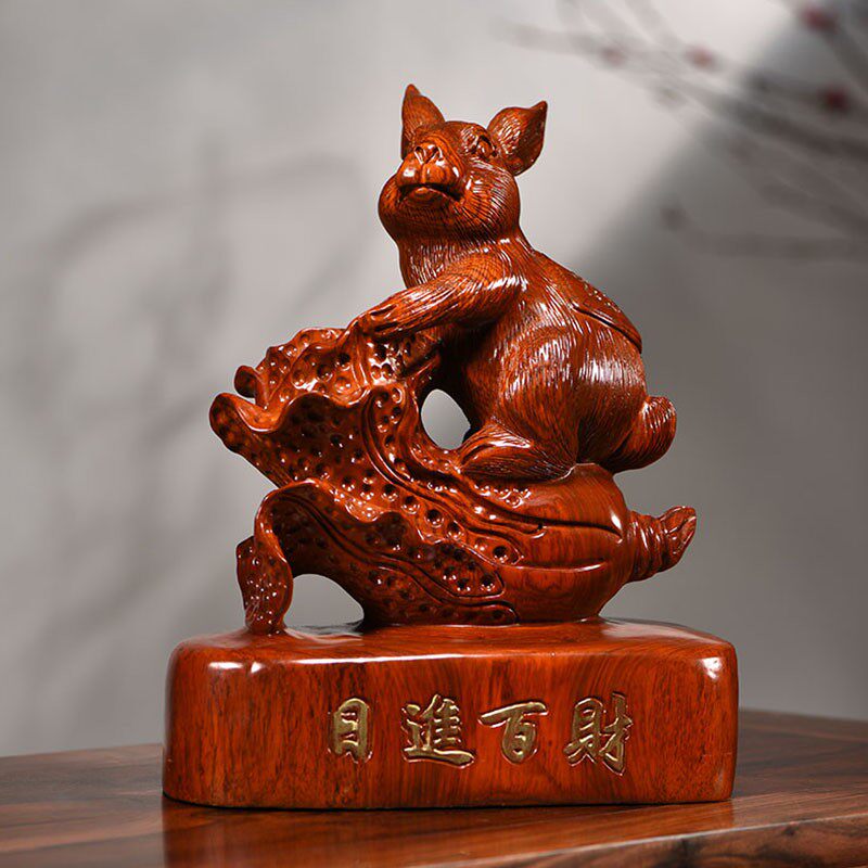 花梨木雕生肖兔子摆件红木家居办公装饰工艺品实木雕刻开业送礼品