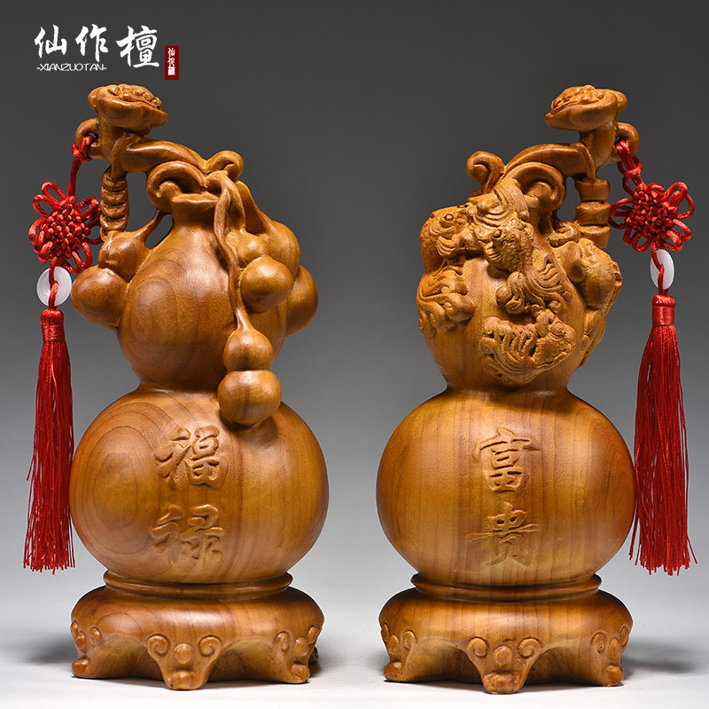 香樟木雕刻葫芦福禄摆件