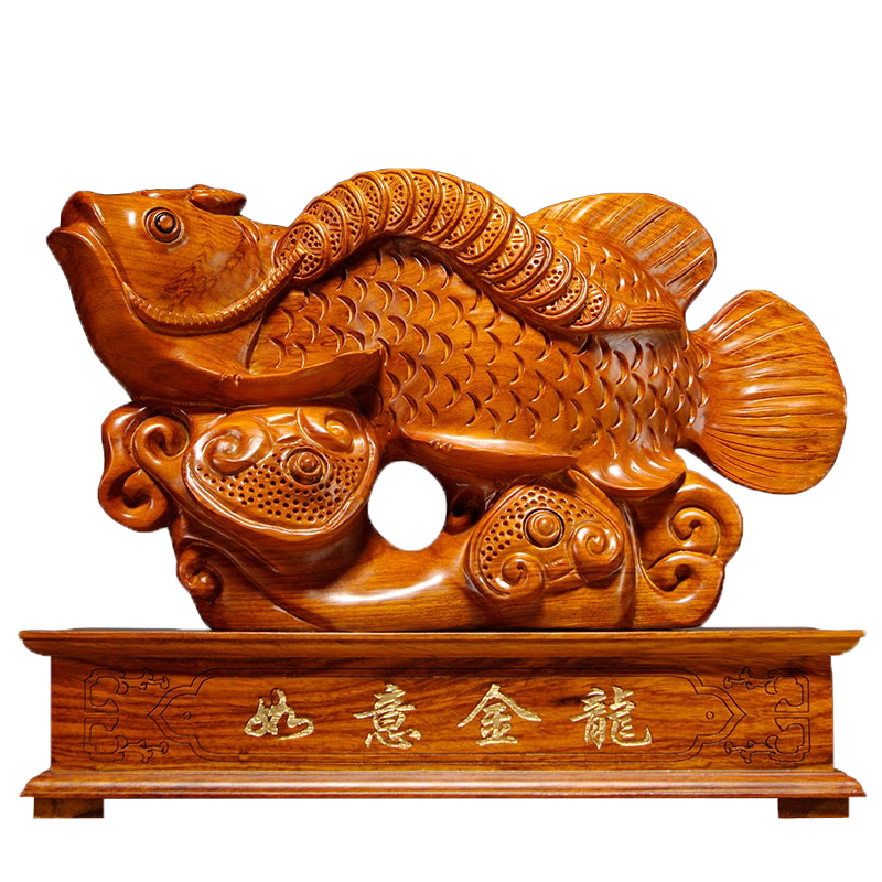金龙鱼木雕动物摆件客厅工艺品