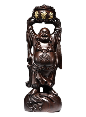 黑檀木雕刻弥勒佛佛像摆件聚宝盆笑佛红木家居客厅装饰红木工艺品