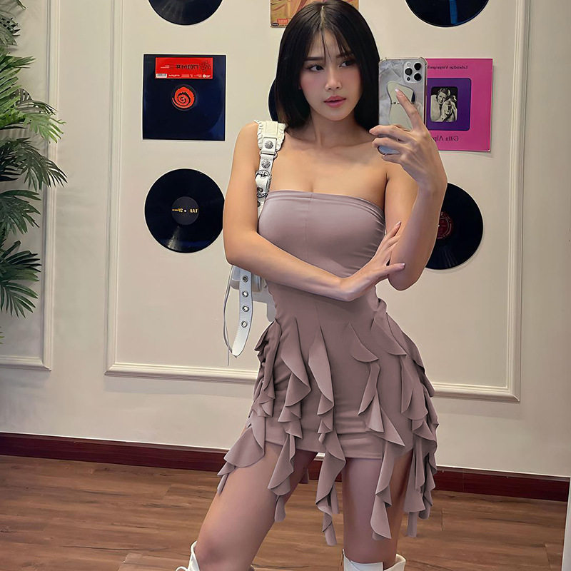 欧美女装2024春夏新款抹胸紧身包臀花边流苏性感甜辣包臀连衣裙女